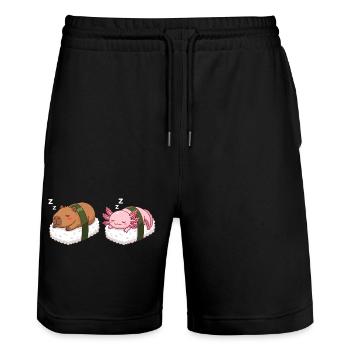 Kawaii Sushi Capybara & Axolotl Cute Sleeping - Stanley/Stella Trainer Unisex Organic Jogging Shorts - black - Front - Nik (191cm) & Marisol (170cm)
