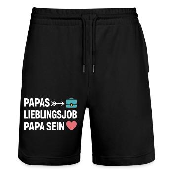 Papas Lieblingsjob Papa Sein Vater Vatertag Spruch - Stanley/Stella Unisex Bio Joggingshorts Trainer  - Schwarz - Vorne - Nik (191cm) & Marisol (170cm)