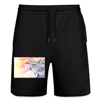 Sunlit Glassware on wedding table - Stanley/Stella Trainer Unisex Organic Jogging Shorts - black - Front - Nik (191cm) & Marisol (170cm)