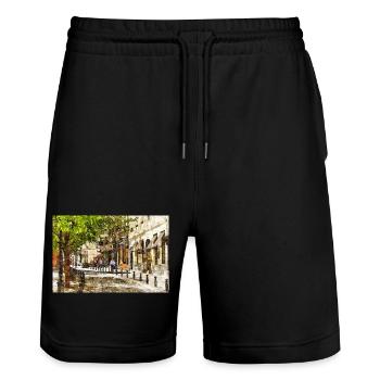 Style aquarelle Croquis de la rue ensoleillée de Bruxelles - Short de jogging bio TRAINER Stanley/Stella unisexe - noir - Devant - Nik (191cm) & Marisol (170cm)
