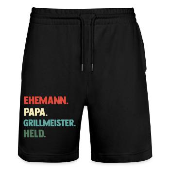 Papa Vater Held Grillmeister BBQ Geschenk - Stanley/Stella Unisex Bio Joggingshorts Trainer  - Schwarz - Vorne - Nik (191cm) & Marisol (170cm)