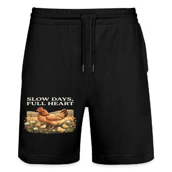 Slow Days, Full Heart Chickens Cottagecore Farm - Stanley/Stella Trainer Unisex Organic Jogging Shorts - black - Front - Nik (191cm) & Marisol (170cm)