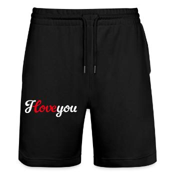 Je t’aime. Mariage en mariage avec amour. Demande en mariage - Short de jogging bio TRAINER Stanley/Stella unisexe - noir - Devant - Nik (191cm) & Marisol (170cm)