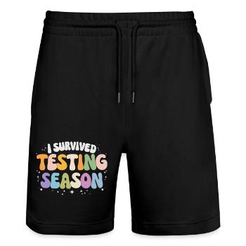 J’ai survécu à la phase d’examens Humour scolaire - Short de jogging bio TRAINER Stanley/Stella unisexe - noir - Devant - Nik (191cm) & Marisol (170cm)