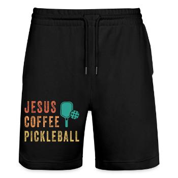 Jesus Coffee Pickleball - Stanley/Stella Trainer Unisex Organic Jogging Shorts - black - Front - Nik (191cm) & Marisol (170cm)
