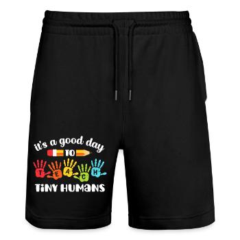 Les empreintes de mains arc-en-ciel ENSEIGNENT aux petits humains - Short de jogging bio TRAINER Stanley/Stella unisexe - noir - Devant - Nik (191cm) & Marisol (170cm)