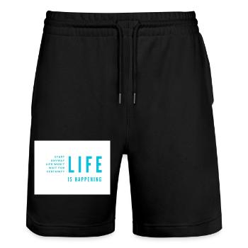 Life Is Happening - Stanley/Stella Trainer Unisex Organic Jogging Shorts - black - Front - Nik (191cm) & Marisol (170cm)