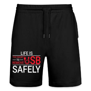 LIFE IS TOO SHORT TO REMOVE USB SAFELY Techie - Stanley/Stella Unisex Bio Joggingshorts Trainer  - Schwarz - Vorne - Nik (191cm) & Marisol (170cm)