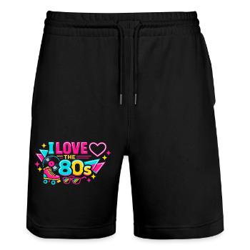 Ich liebe die 80er Neon - Stanley/Stella Unisex Bio Joggingshorts Trainer  - Schwarz - Vorne - Nik (191cm) & Marisol (170cm)