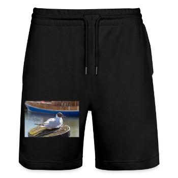 Möwe im Büsumer Hafen Deutschland Poster - Stanley/Stella Unisex Bio Joggingshorts Trainer  - Schwarz - Vorne - Nik (191cm) & Marisol (170cm)