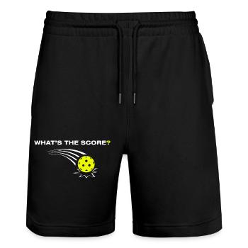 Quel est le score ? Joueur de pickleball drôle - Short de jogging bio TRAINER Stanley/Stella unisexe - noir - Devant - Nik (191cm) & Marisol (170cm)