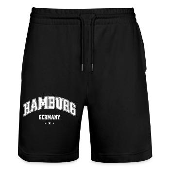 Hamburg Germany Retro College Look Design - Stanley/Stella Trainer Unisex Organic Jogging Shorts - black - Front - Nik (191cm) & Marisol (170cm)
