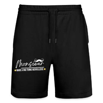 Monsieur Marie A Une Femme Merveilleuse - Short de jogging bio TRAINER Stanley/Stella unisexe - noir - Devant - Nik (191cm) & Marisol (170cm)