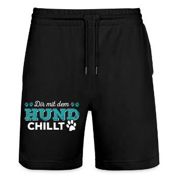 Der Mit Dem Hund Chillt Hundebesitzer Herrchen - Stanley/Stella Unisex Bio Joggingshorts Trainer  - Schwarz - Vorne - Nik (191cm) & Marisol (170cm)