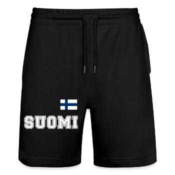 FINNLAND - SUOMI Trikot Look - Flagge auf Brust - Stanley/Stella Unisex Bio Joggingshorts Trainer  - Schwarz - Vorne - Nik (191cm) & Marisol (170cm)