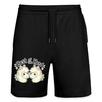 Cute Funny Gifts, Best of the Herd Alpaca - Stanley/Stella Trainer Unisex Organic Jogging Shorts - black - Front - Nik (191cm) & Marisol (170cm)