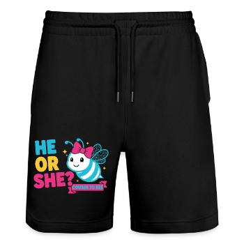 Gender Reveal He Or She Cousin To Bee Baby Shower - Stanley/Stella Trainer Unisex Organic Jogging Shorts - black - Front - Nik (191cm) & Marisol (170cm)