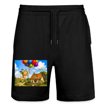 Balloon baby above cozy house - Stanley/Stella Trainer Unisex Organic Jogging Shorts - black - Front - Nik (191cm) & Marisol (170cm)