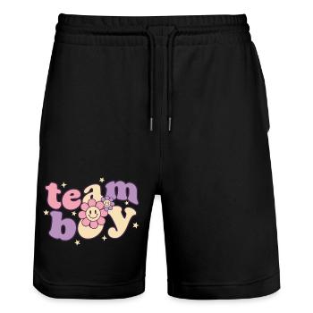 Geschlechterenthüllung Team Junge Babyparty Mama Papa Oma - Stanley/Stella Unisex Bio Joggingshorts Trainer  - Schwarz - Vorne - Nik (191cm) & Marisol (170cm)