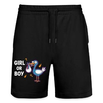 Annonce de la fête préversive de bébé fille ou garçon - Short de jogging bio TRAINER Stanley/Stella unisexe - noir - Devant - Nik (191cm) & Marisol (170cm)