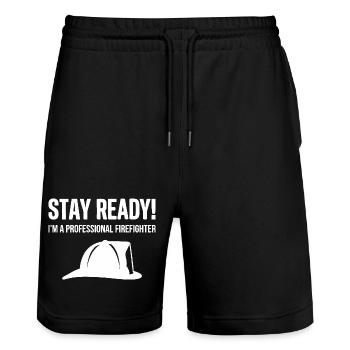 Firefighter Stay Ready - Stanley/Stella Trainer Unisex Organic Jogging Shorts - black - Front - Nik (191cm) & Marisol (170cm)