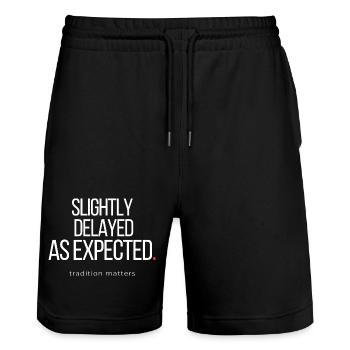 Slightly Delayed Funny Chronic Late Humor Quote - Stanley/Stella Trainer Unisex Organic Jogging Shorts - black - Front - Nik (191cm) & Marisol (170cm)