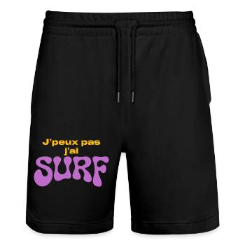 J'ai Surf Violet — Humour surfeur - Short de jogging bio TRAINER Stanley/Stella unisexe - noir - Devant - Nik (191cm) & Marisol (170cm)