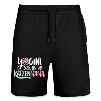 Yogini Katzenmama Yoga Katzenliebe - Stanley/Stella Unisex Bio Joggingshorts Trainer  - Schwarz - Vorne - Nik (191cm) & Marisol (170cm)