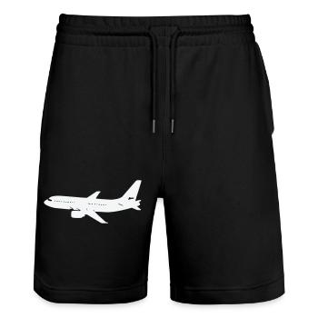 Airplane silhouette on white - Stanley/Stella Trainer Unisex Organic Jogging Shorts - black - Front - Nik (191cm) & Marisol (170cm)