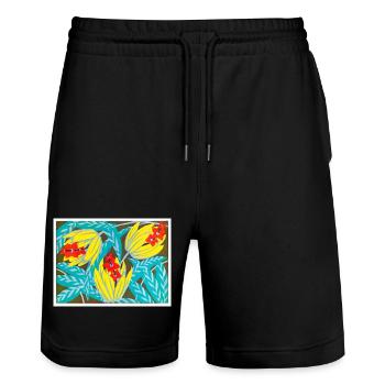 Fleurs cramoisies et feuilles dorées - Short de jogging bio TRAINER Stanley/Stella unisexe - noir - Devant - Nik (191cm) & Marisol (170cm)