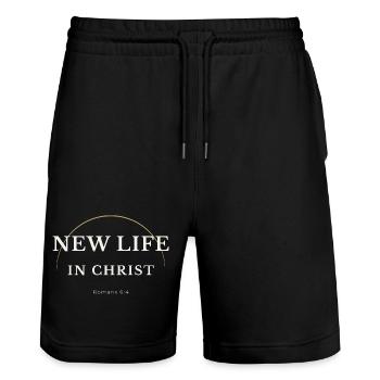 New Life in Christ Christian Design – Romans 6:4 - Stanley/Stella Trainer Unisex Organic Jogging Shorts - black - Front - Nik (191cm) & Marisol (170cm)