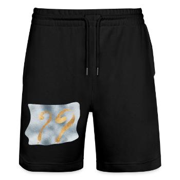 Golden question marks on blue - Stanley/Stella Trainer Unisex Organic Jogging Shorts - black - Front - Nik (191cm) & Marisol (170cm)