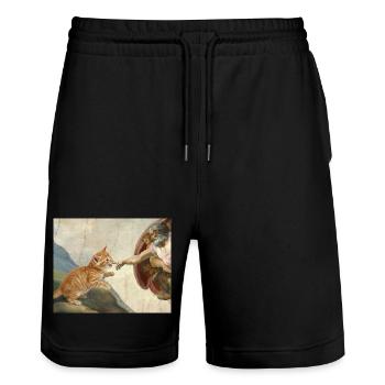 Cat Slaps God's Hand Funny Cats Meme - Stanley/Stella Trainer Unisex Organic Jogging Shorts - black - Front - Nik (191cm) & Marisol (170cm)