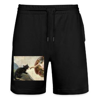 Cat Slaps God's Hand Funny Cats Meme - Stanley/Stella Trainer Unisex Organic Jogging Shorts - black - Front - Nik (191cm) & Marisol (170cm)