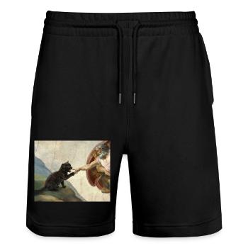Cat Slaps God's Hand Funny Cats Meme - Stanley/Stella Trainer Unisex Organic Jogging Shorts - black - Front - Nik (191cm) & Marisol (170cm)