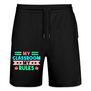 Pre K Teacher Classroom My Rules Kindergarten - Stanley/Stella Trainer Unisex Organic Jogging Shorts - black - Front - Nik (191cm) & Marisol (170cm)
