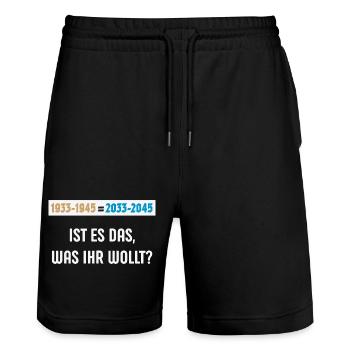 1933-1945 = 2033-2045 – Ist Es Das … (NEG 3C) - Stanley/Stella Unisex Bio Joggingshorts Trainer  - Schwarz - Vorne - Nik (191cm) & Marisol (170cm)