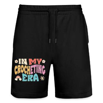 In my Crocheting Era - Stanley/Stella Unisex Bio Joggingshorts Trainer  - Schwarz - Vorne - Nik (191cm) & Marisol (170cm)