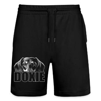 Dackel Porträt mit Schriftzug DOXIE - Stanley/Stella Unisex Bio Joggingshorts Trainer  - Schwarz - Vorne - Nik (191cm) & Marisol (170cm)