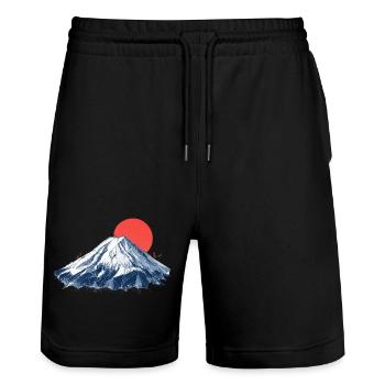 Geometrischer Berg mit roter Sonne  Origami Fuji - Stanley/Stella Unisex Bio Joggingshorts Trainer  - Schwarz - Vorne - Nik (191cm) & Marisol (170cm)