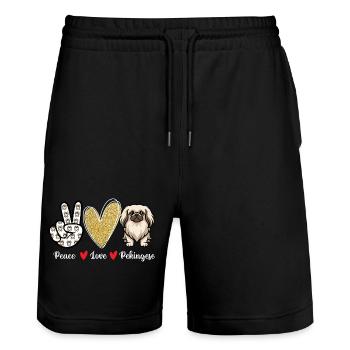 Peace Love Pekingese – Peke Dog Mama Papa Schoßhund - Stanley/Stella Unisex Bio Joggingshorts Trainer  - Schwarz - Vorne - Nik (191cm) & Marisol (170cm)