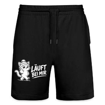 Katzen Shirt – Läuft bei mir - Stanley/Stella Unisex Bio Joggingshorts Trainer  - Schwarz - Vorne - Nik (191cm) & Marisol (170cm)