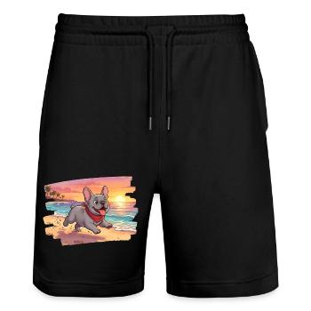 Entzückende französische Bulldogge am Strand - Stanley/Stella Unisex Bio Joggingshorts Trainer  - Schwarz - Vorne - Nik (191cm) & Marisol (170cm)