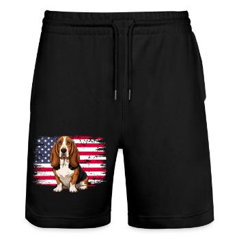 Patriotic Basset Hound - US Flag Dog Mom Dad - Stanley/Stella Trainer Unisex Organic Jogging Shorts - black - Front - Nik (191cm) & Marisol (170cm)