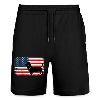 Basset Hound US Flag - Patriotic Dog Mom Dad - Stanley/Stella Trainer Unisex Organic Jogging Shorts - black - Front - Nik (191cm) & Marisol (170cm)