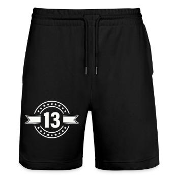 Round 13-star badge with ribbon - Stanley/Stella Trainer Unisex Organic Jogging Shorts - black - Front - Nik (191cm) & Marisol (170cm)