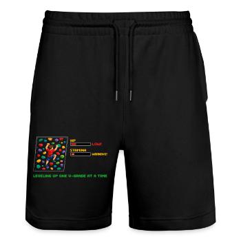 Bloc rétro en pixel art : Dire monter de niveau - Short de jogging bio TRAINER Stanley/Stella unisexe - noir - Devant - Nik (191cm) & Marisol (170cm)