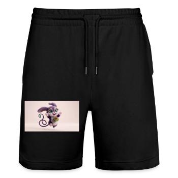 Cute fluffy purple 3D character holding a green gi - Stanley/Stella Unisex Bio Joggingshorts Trainer  - Schwarz - Vorne - Nik (191cm) & Marisol (170cm)