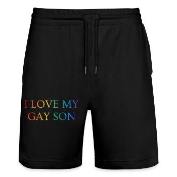 J’aime les couleurs arc-en-ciel de mon fils gay Pride - Short de jogging bio TRAINER Stanley/Stella unisexe - noir - Devant - Nik (191cm) & Marisol (170cm)
