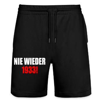 Never again 1933 - Stanley/Stella Trainer Unisex Organic Jogging Shorts - black - Front - Nik (191cm) & Marisol (170cm)